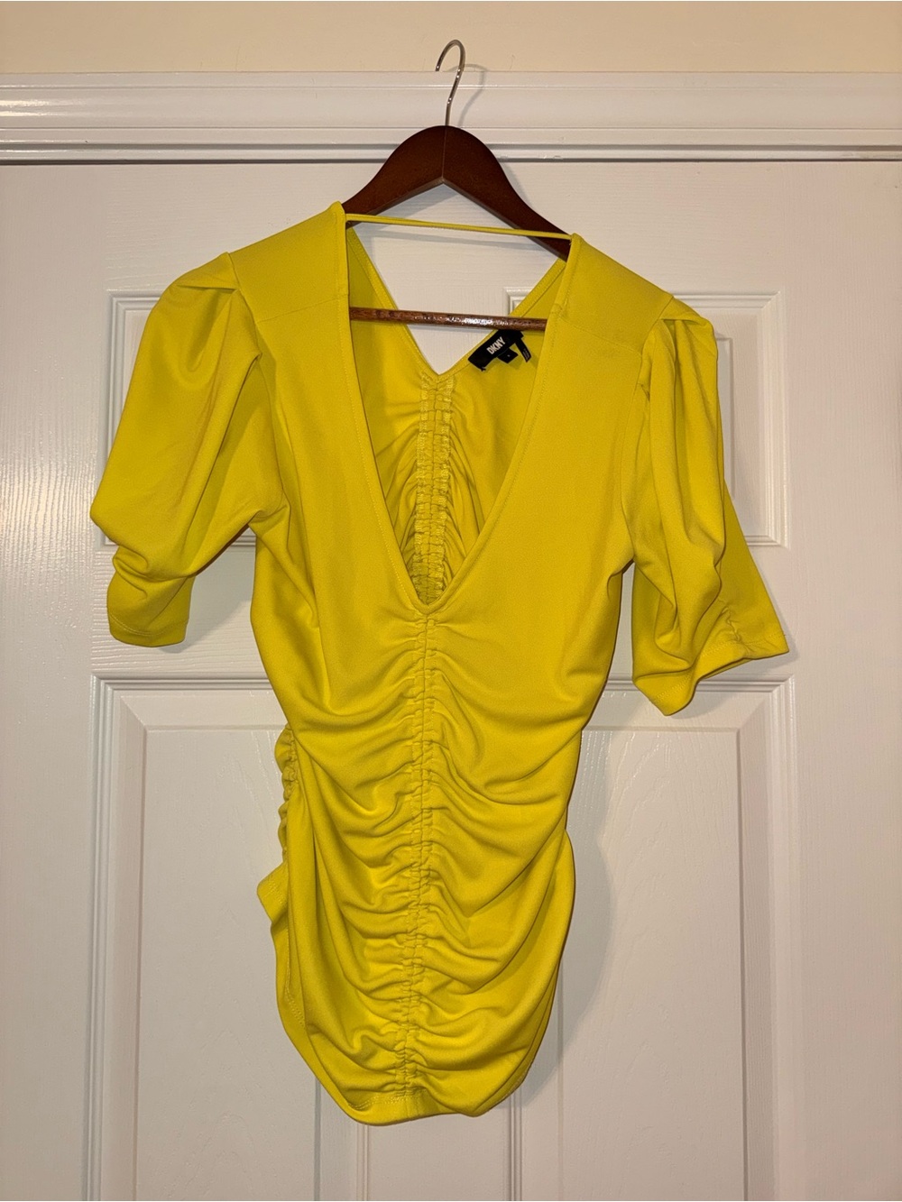 Dkny Bright Yellow Ruched V-Neck Blouse